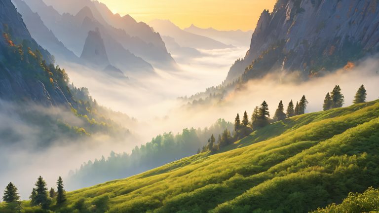 majestic mountain range morning misty peaks scaled