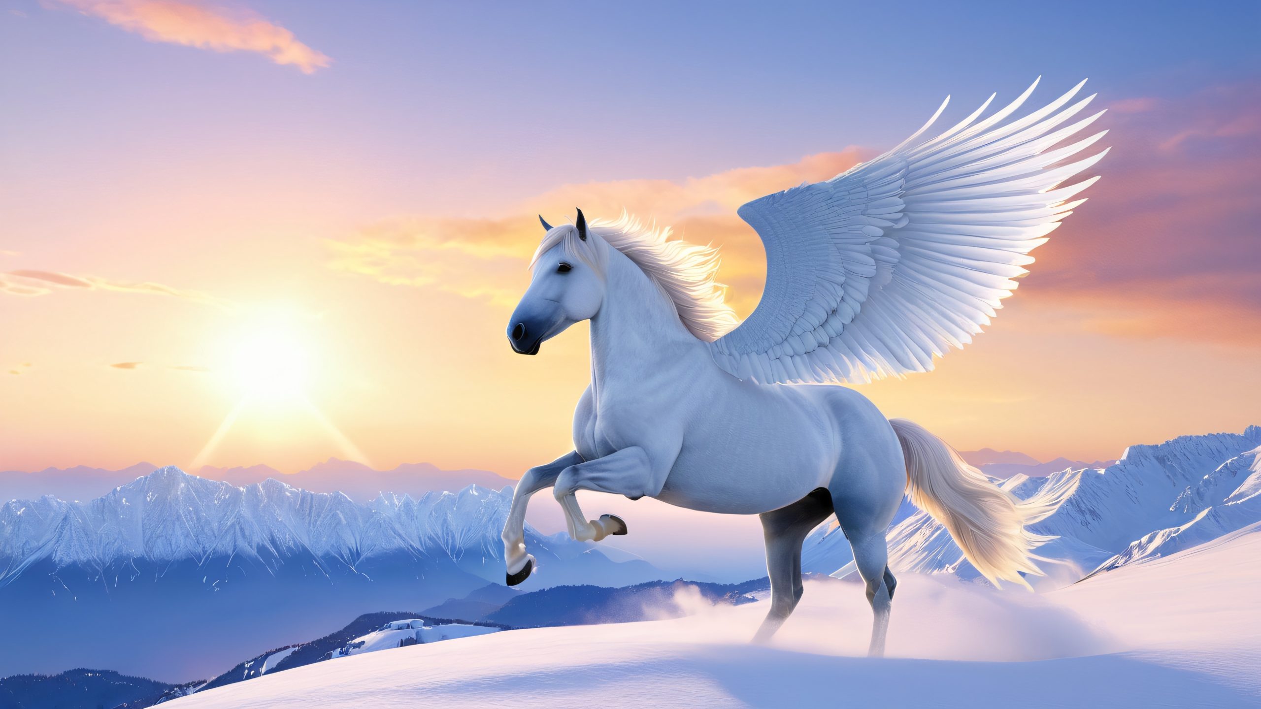 Stunning Majestic Pegasus Soar 4K Wallpaper A majestic pegasus flying through snowy mountains at dawn