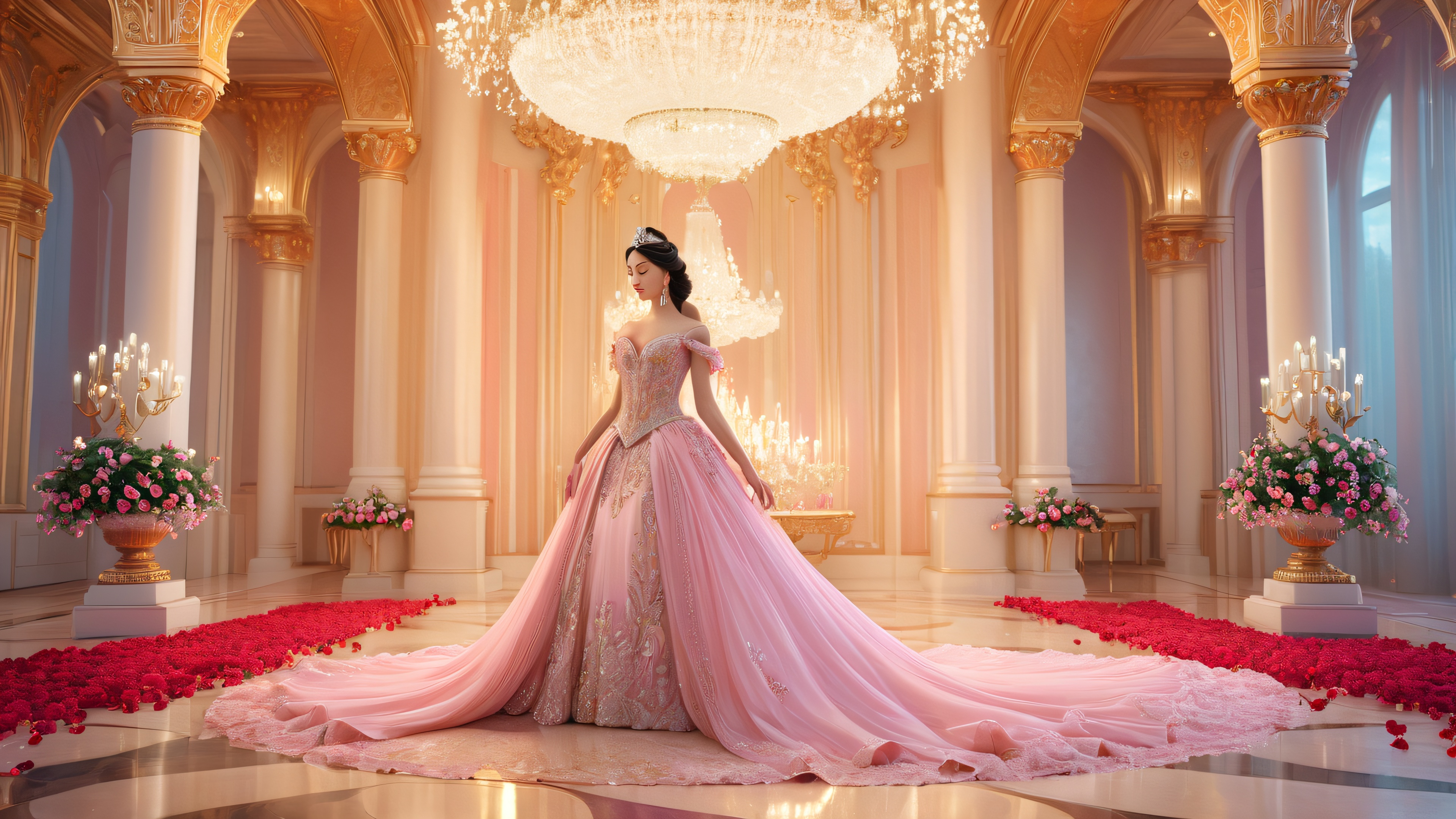 A beautiful digital painting of a princess twirling in a grand ballroom surrounded by petals and doves, with a starry night sky or misty garden backdrop.