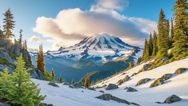 Breathtaking 4K desktop wallpaper of Mount Rainier's rugged terrain and clouds for PC/ Desktop use.