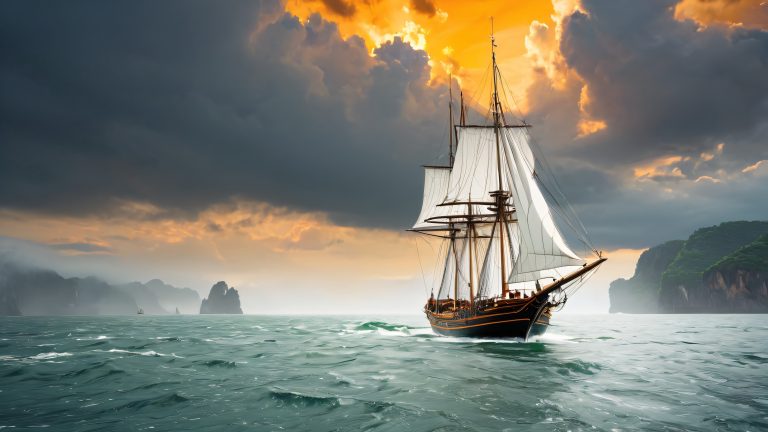 majestic sailboat wallpaper stormy seas at sunset scaled