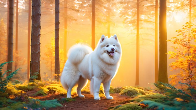 majestic samoyed whimsical glowing forest 4k desktop wallpaper scaled