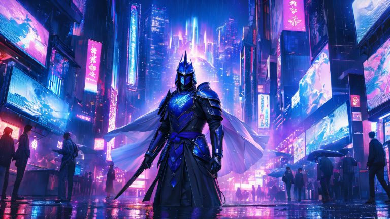 majestic samurai warrior neon rainy city scaled