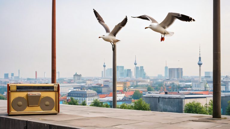 majestic seagull vintage boombox berlin cityscape 4k wallpaper scaled