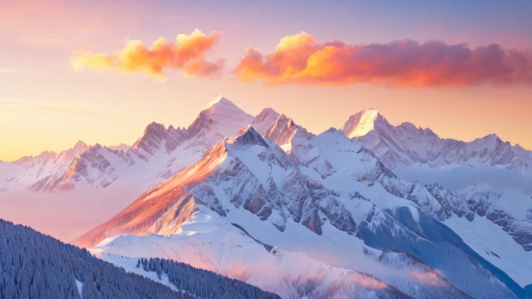 majestic snow capped mountains at sunset wallpaper scaled