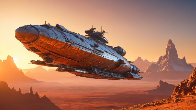 majestic starship emerges from distant planet wallpaper scaled