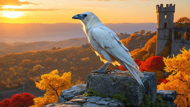 majestic white raven ruined stone wall 4k wallpaper scaled