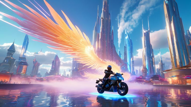majestic winged creature soars through neon clouds scaled
