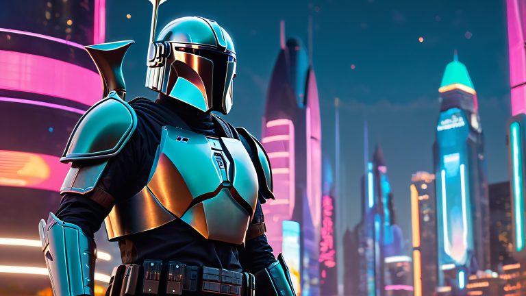 mandalorian warrior neon cityscape 4k wallpaper scaled