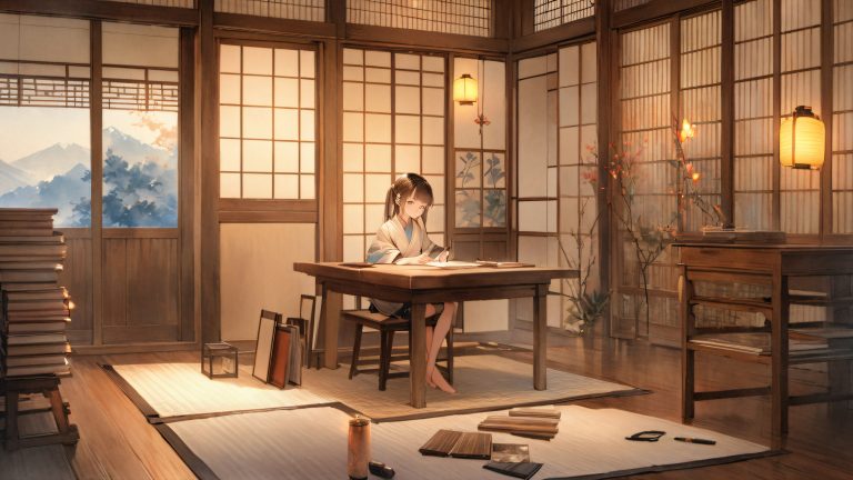 manga artist cozy study room 4k wallpaper scaled