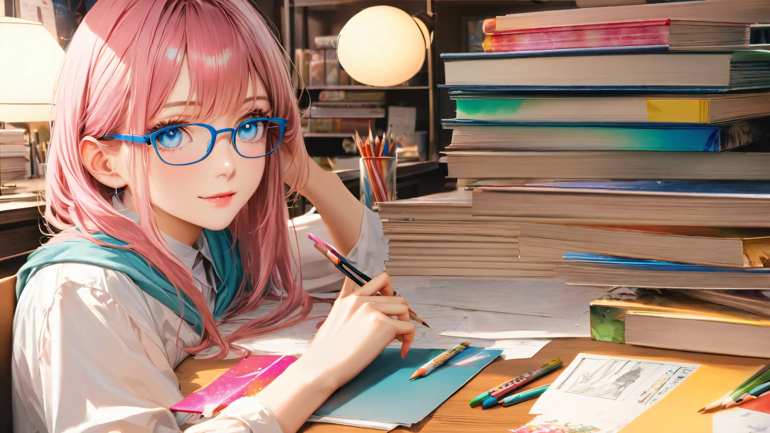 4K Manga Magic Moment Wallpaper for PC/Mac A bespectacled manga artist surrounded by art supplies on a cluttered desk. A mysterious high school girl with pink hair whispers secrets in his ear, amidst stacks of comic books and papers.