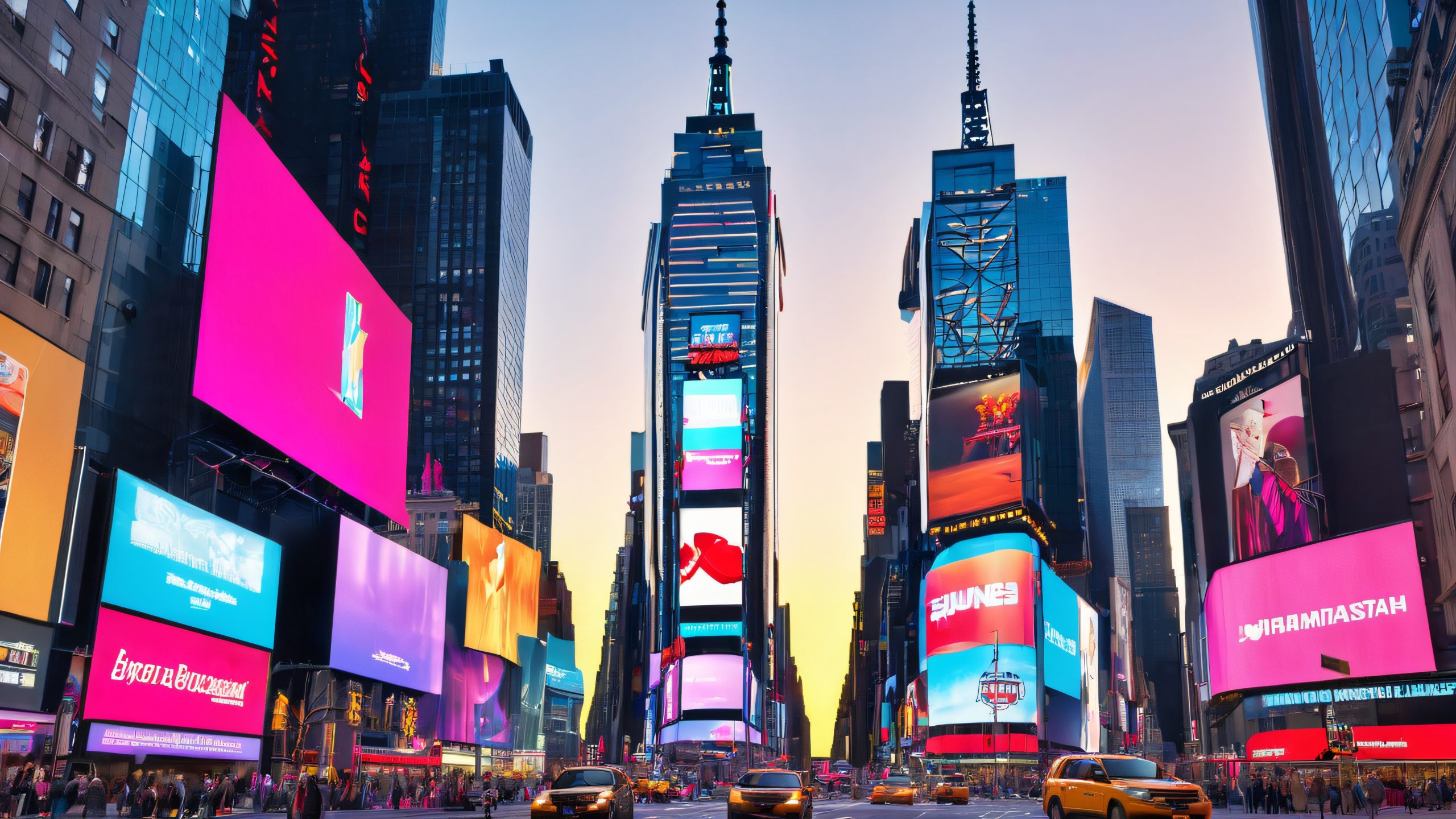 Majestic skyscraper in Manhattan morning, reflective glass, Times Square, desktop/pc