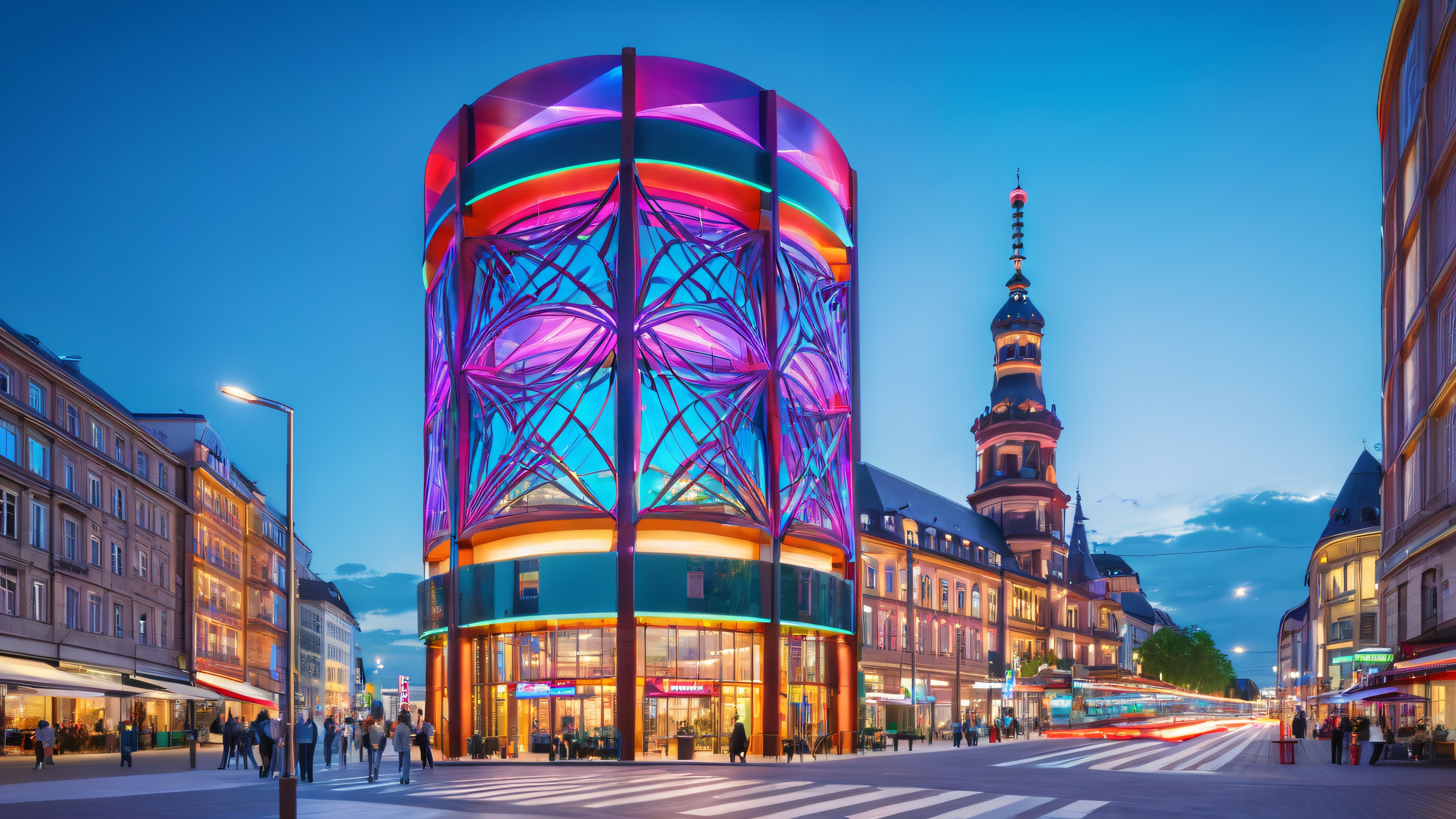Image of Mannheim's iconic broadcasting tower surrounded by a vibrant public plaza and cityscape, with intricate latticework and steel design.