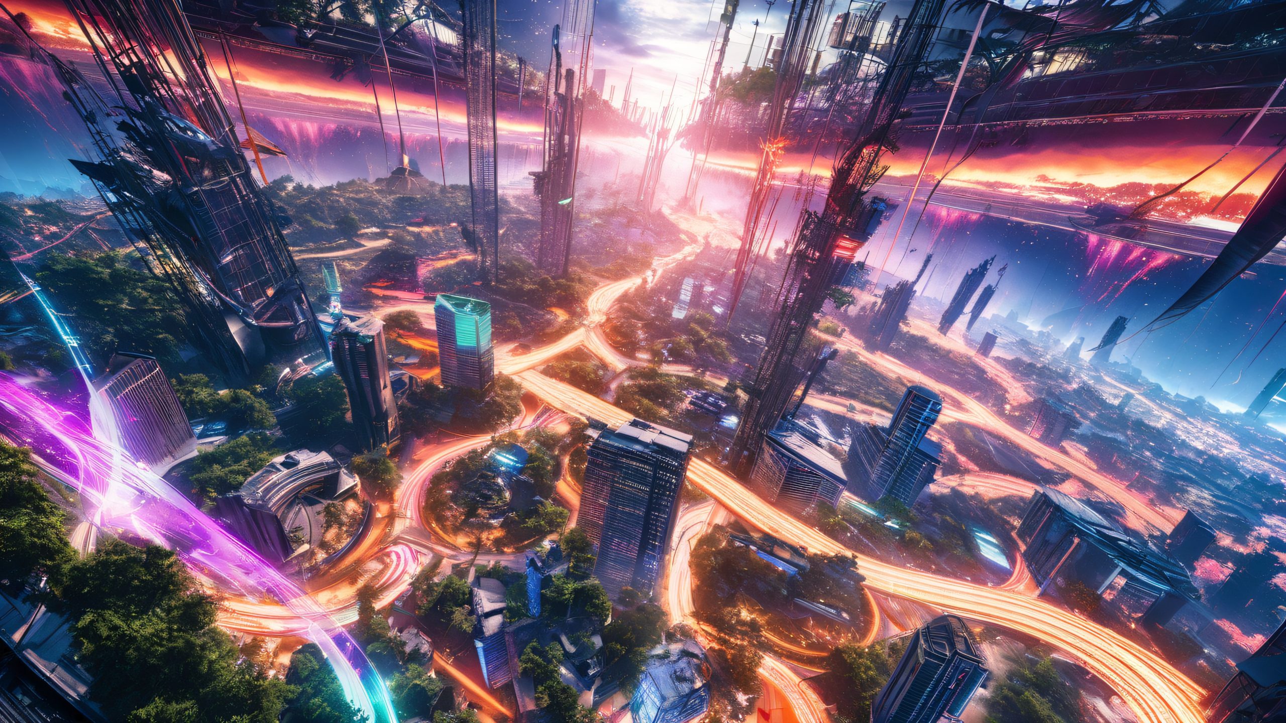 Futuristic cityscape on Mardook's dense jungle planet with skyscrapers and aircraft in combat for desktop/pc use.