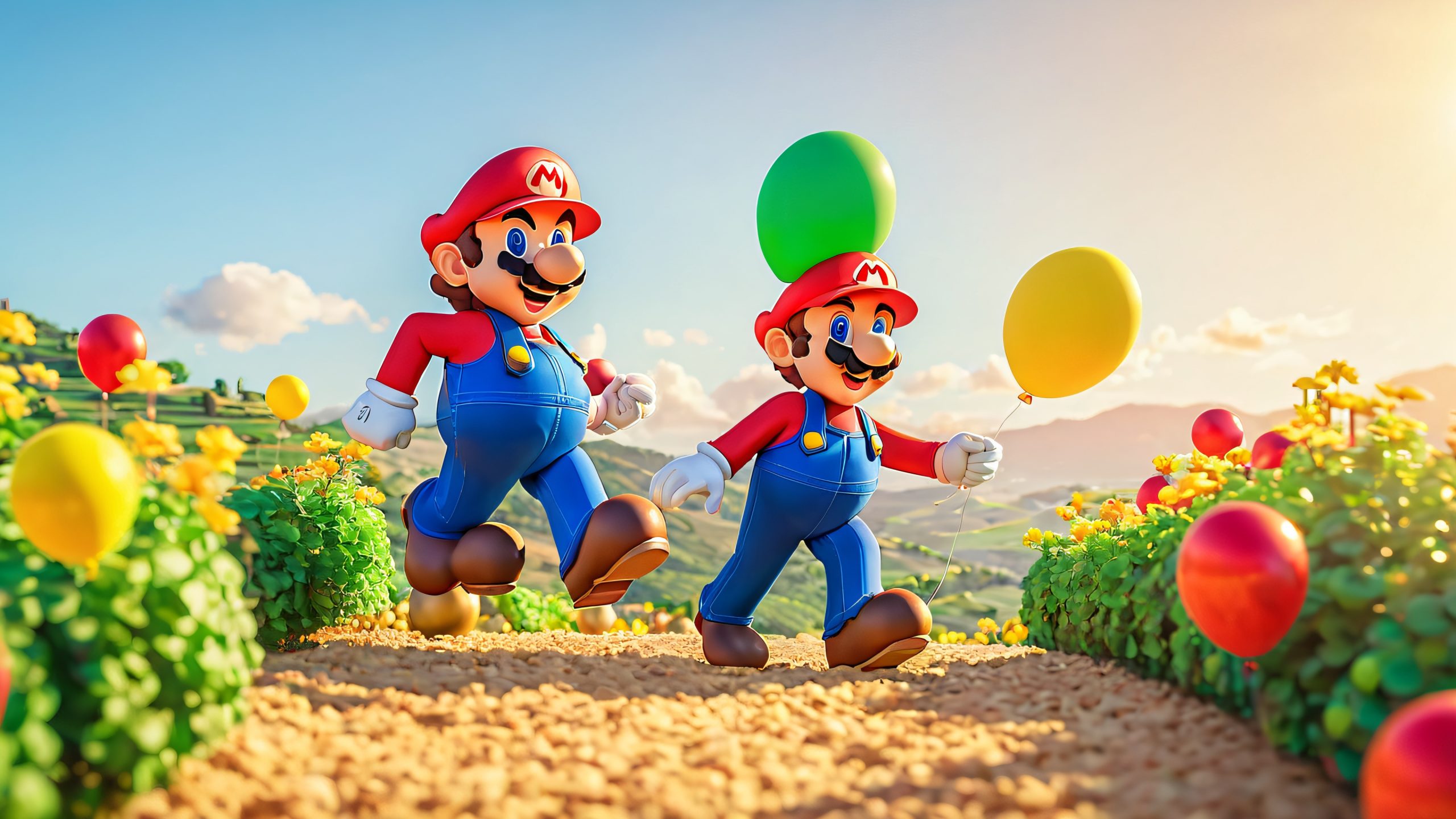A pixel-perfect depiction of Mario and Luigi standing back-to-back, surrounded by confetti and balloons in a bright, sun-kissed Italian countryside landscape, suitable for desktop/pc use.
