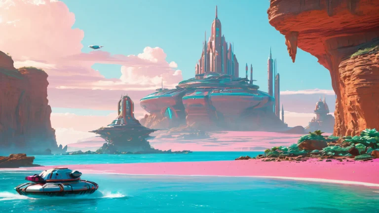 A futuristic Martian paradise desktop wallpaper featuring robotic lifeguards, hovercrafts, and a vibrant landscape for PC Desktop use.