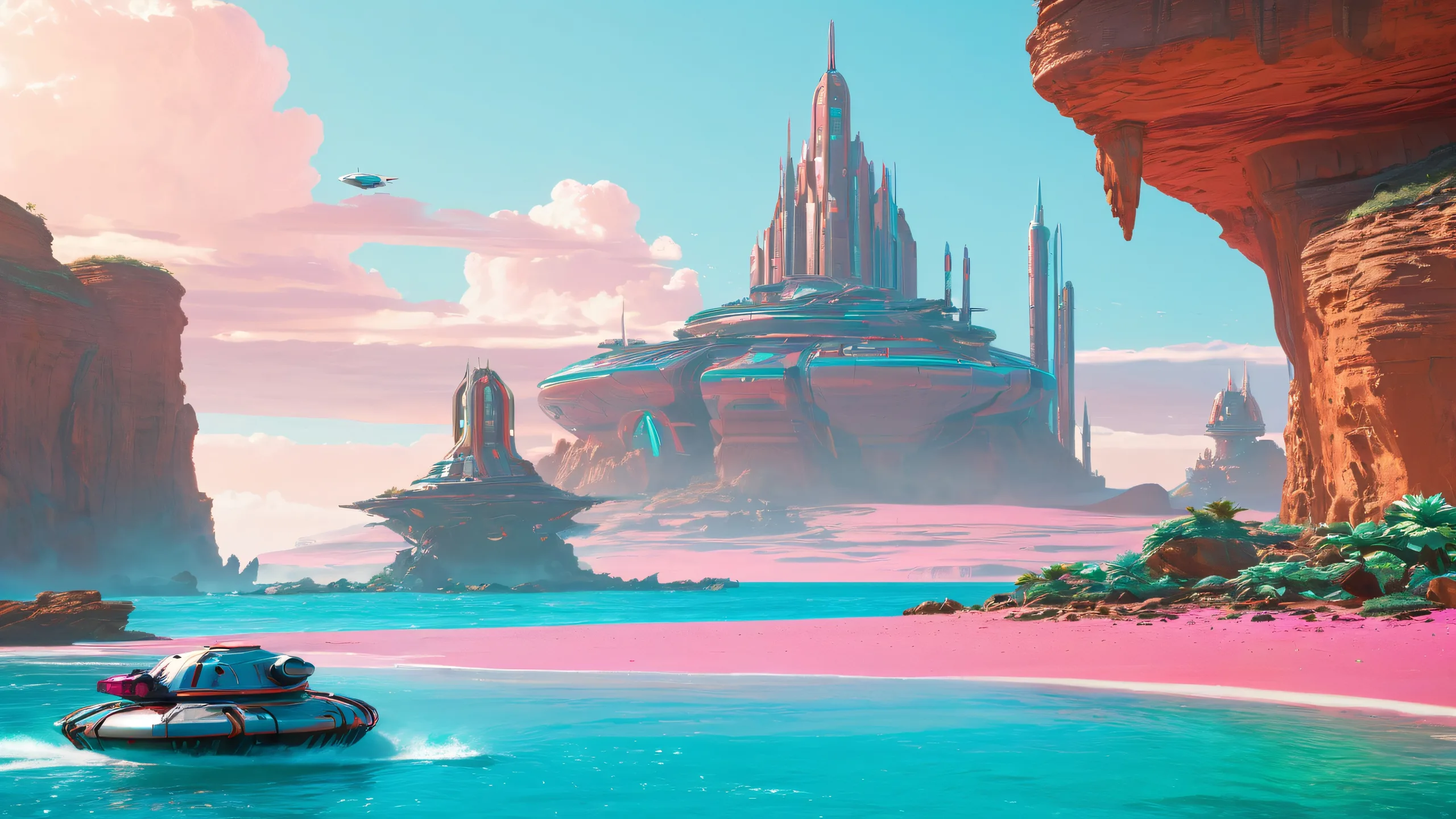 Mars Beachside Utopia Aesthetic PC Wallpaper A futuristic Martian paradise desktop wallpaper featuring robotic lifeguards, hovercrafts, and a vibrant landscape for PC Desktop use.