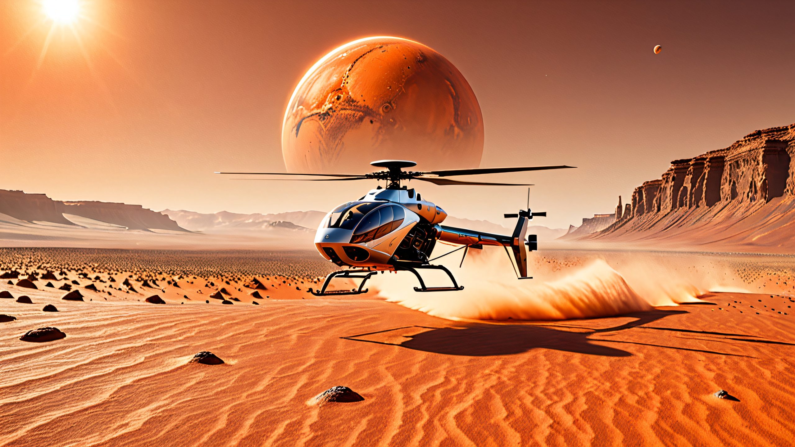 Ultra HD Mars Explorer in Dust Devil Wallpaper Ingenuity helicopter drone hovering amidst Martian dust devils on a barren landscape for desktop/PC use.