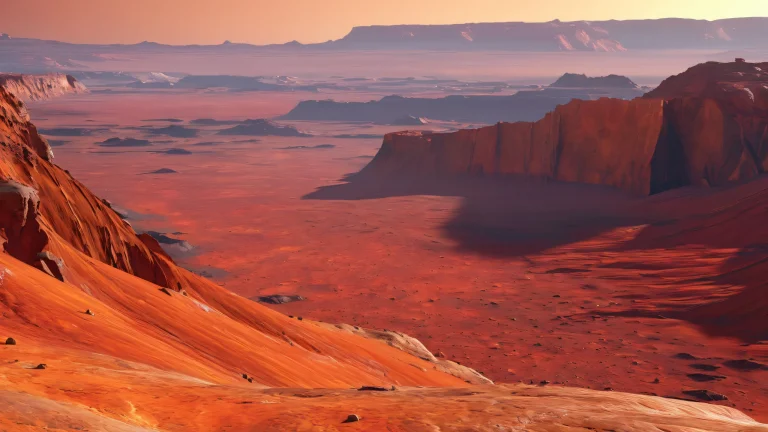 A majestic Martian canyon system for your desktop or PC, featuring crimson rock formations and sparkling crystalline structures.