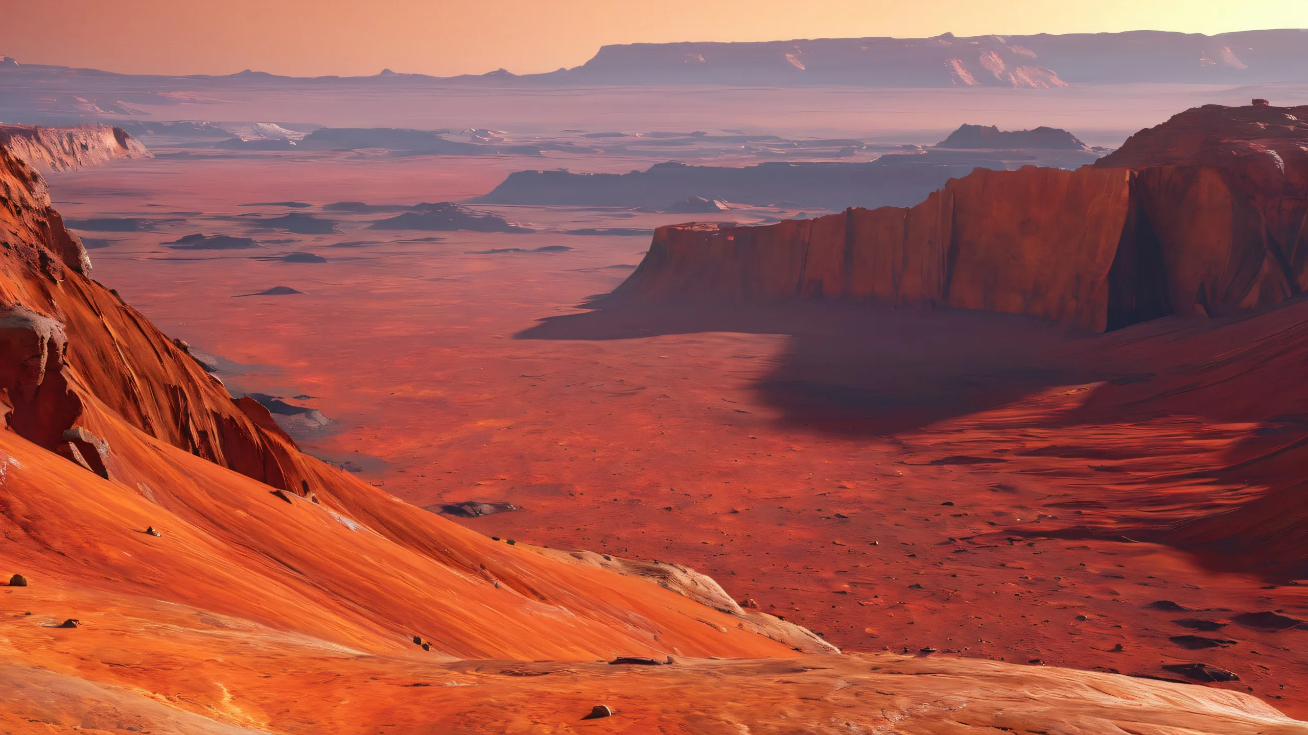 Martian Canyon Sunrise 4K UHD Widescreen A majestic Martian canyon system for your desktop or PC, featuring crimson rock formations and sparkling crystalline structures.