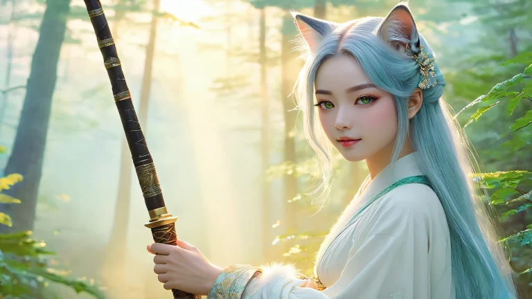 A half-human, half-cat hybrid, Mashiro Neneko, stands at the edge of a misty forest on your Desktop/PC.