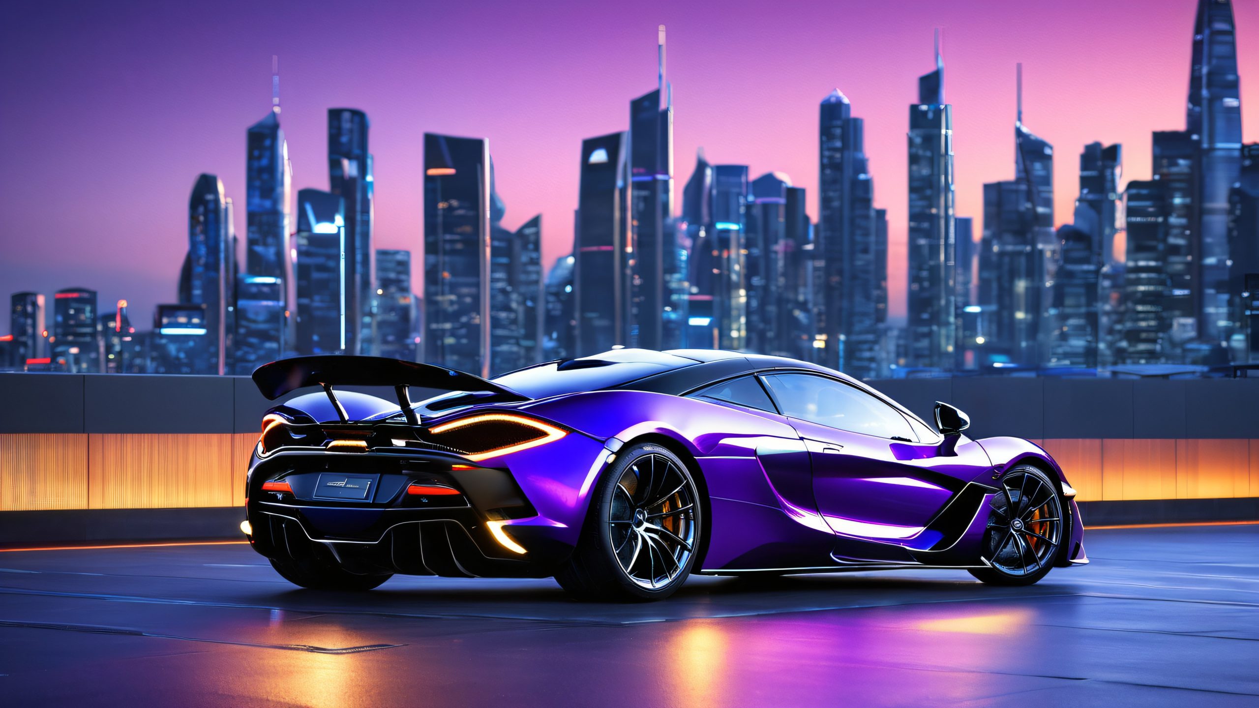 A sleek modern sports car in matte black with LED lights against a dark cityscape at night, stars and skyscrapers.