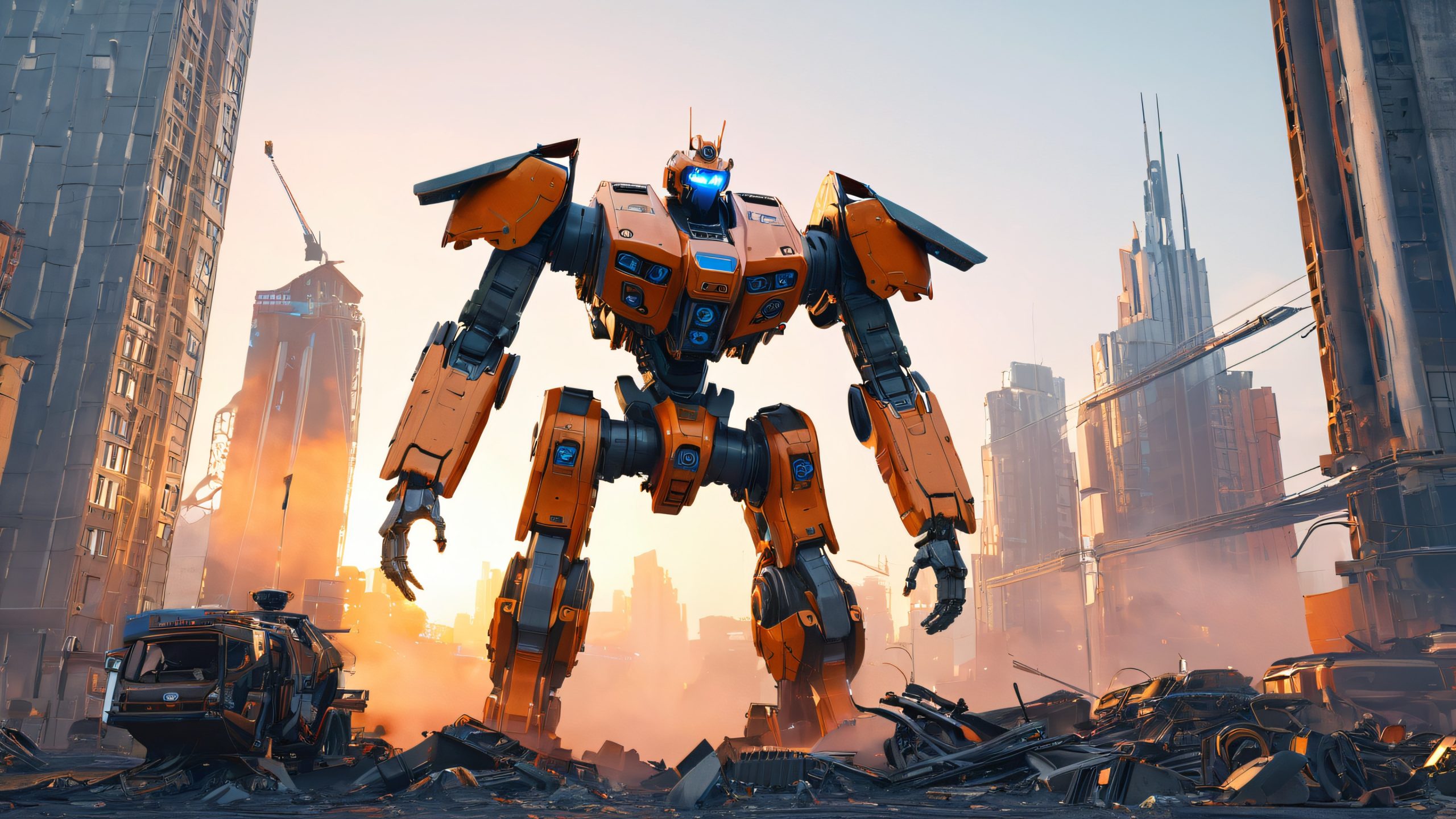 A majestic mech standing amidst a ravaged cityscape with crumbling skyscrapers and twisted metal debris, ideal for desktop use on PC or laptop.