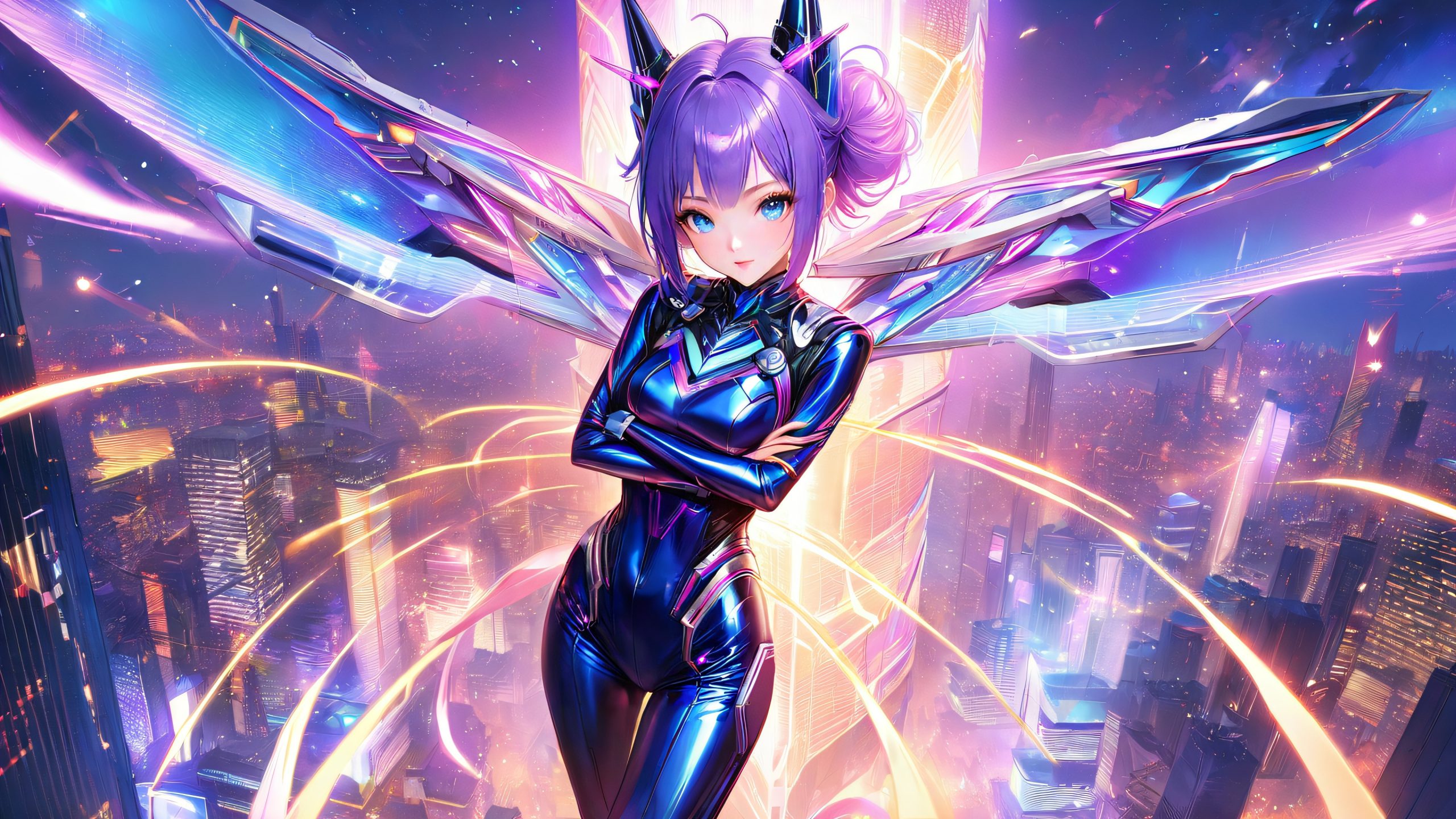 Confident MechaGirl, Kajun-chan, stands with her arms crossed, surrounded by a futuristic cityscape at sunset, with hovering cars and energy vortex, for Desktop/PC