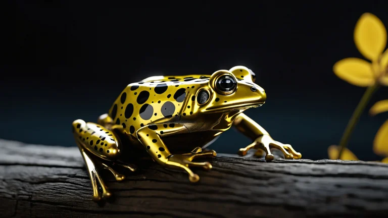 A mechanical frog with vibrant yellow and black patterns sits atop a wooden post, showcasing its metallic joints in macro detail.