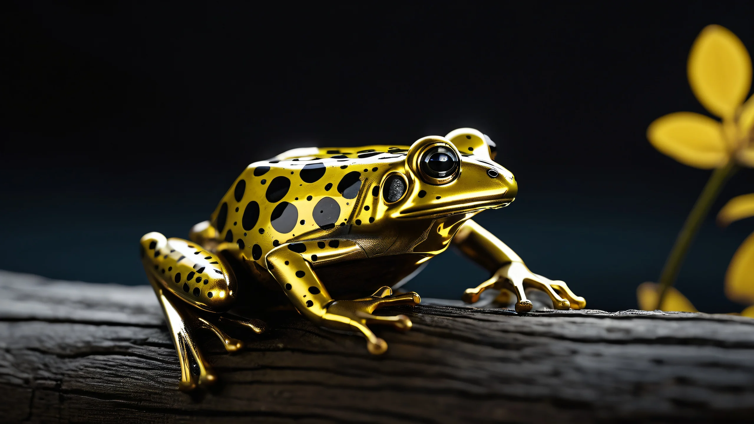 4K Mechanical Frog's Metallic Throne Wallpaper for PC/Mac A mechanical frog with vibrant yellow and black patterns sits atop a wooden post, showcasing its metallic joints in macro detail.