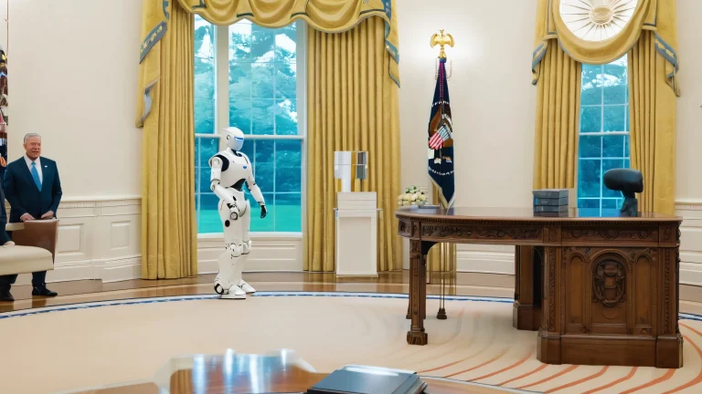 A humanoid robot escorted into the Oval Office with officials, desk and briefcase. For Desktop/PC.