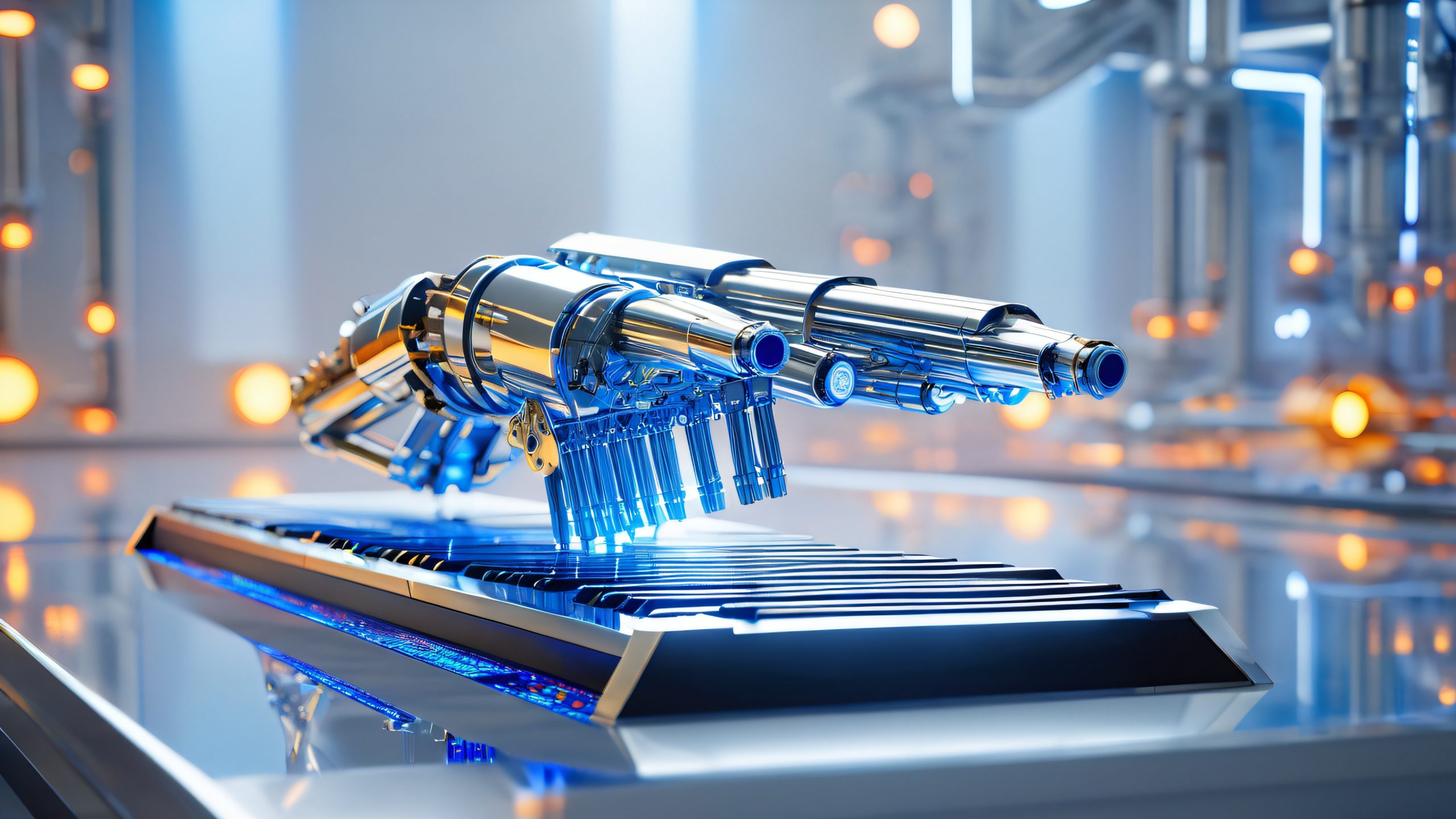 A futuristic industrial arm lifting a grand piano off the floor in a high-tech laboratory setting for desktop use. Suitable for PC Desktop.