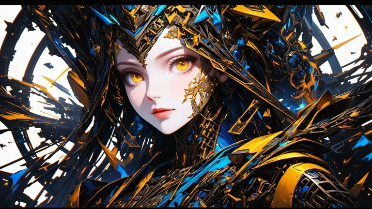A stunning anime-inspired desktop wallpaper featuring a robotic face with intricate mechanical details in high contrast colors of yellow, black, and blue.