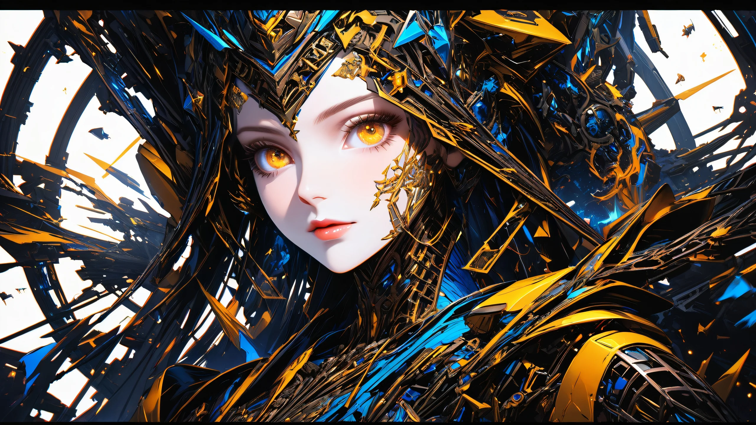 4K Mechanical Manga Masterpiece Wallpaper for PC/Mac A stunning anime-inspired desktop wallpaper featuring a robotic face with intricate mechanical details in high contrast colors of yellow, black, and blue.