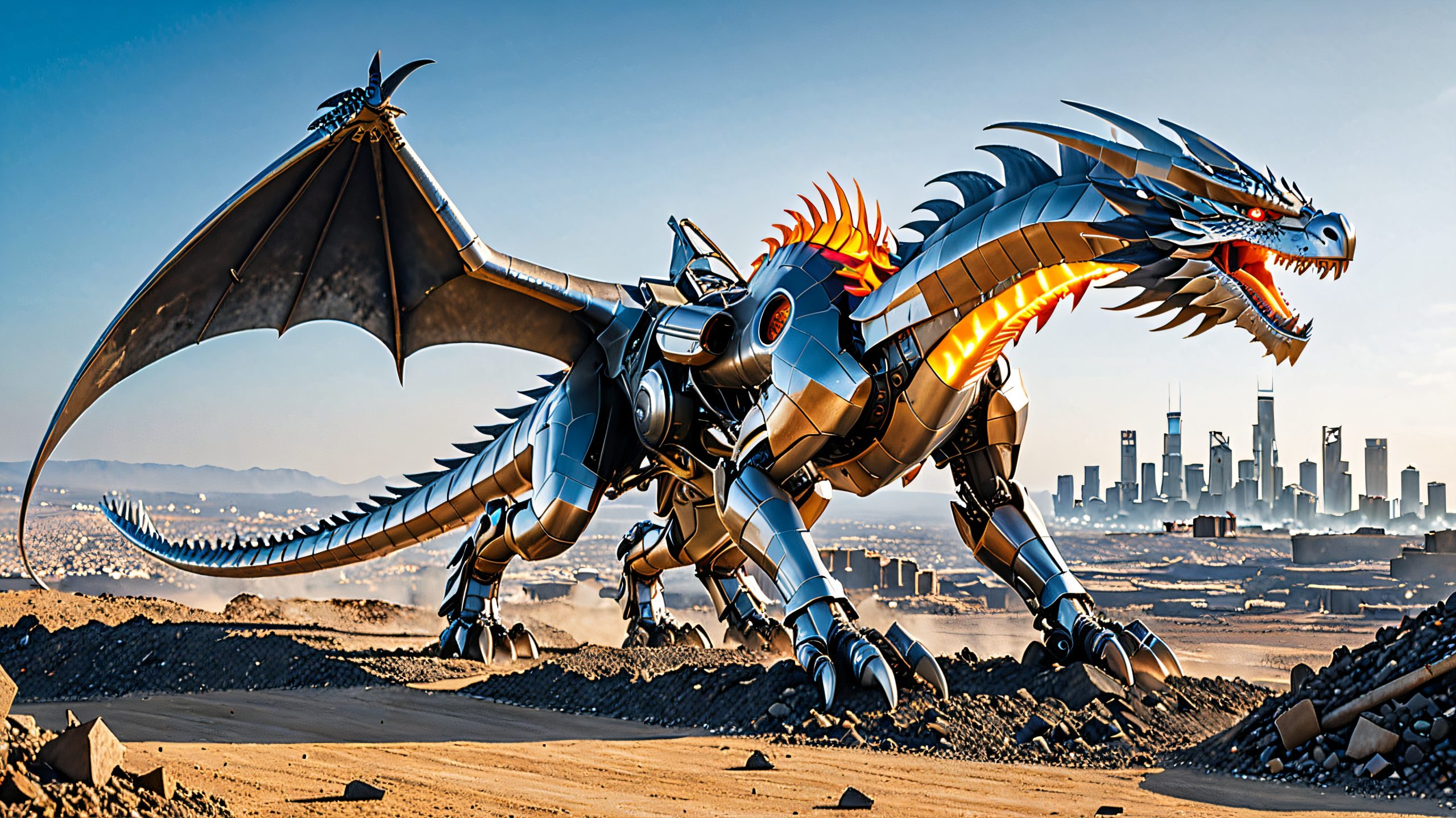 A majestic mechanical dragon, the Dauntless Aguila II, on a barren wasteland with a ruined cityscape in the background, suitable for desktop/PC