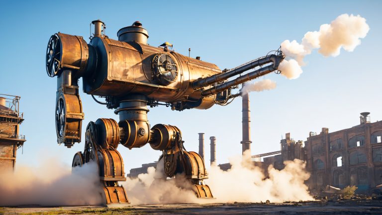 mechanical trooper emerges from smoke steam desktop wallpaper scaled