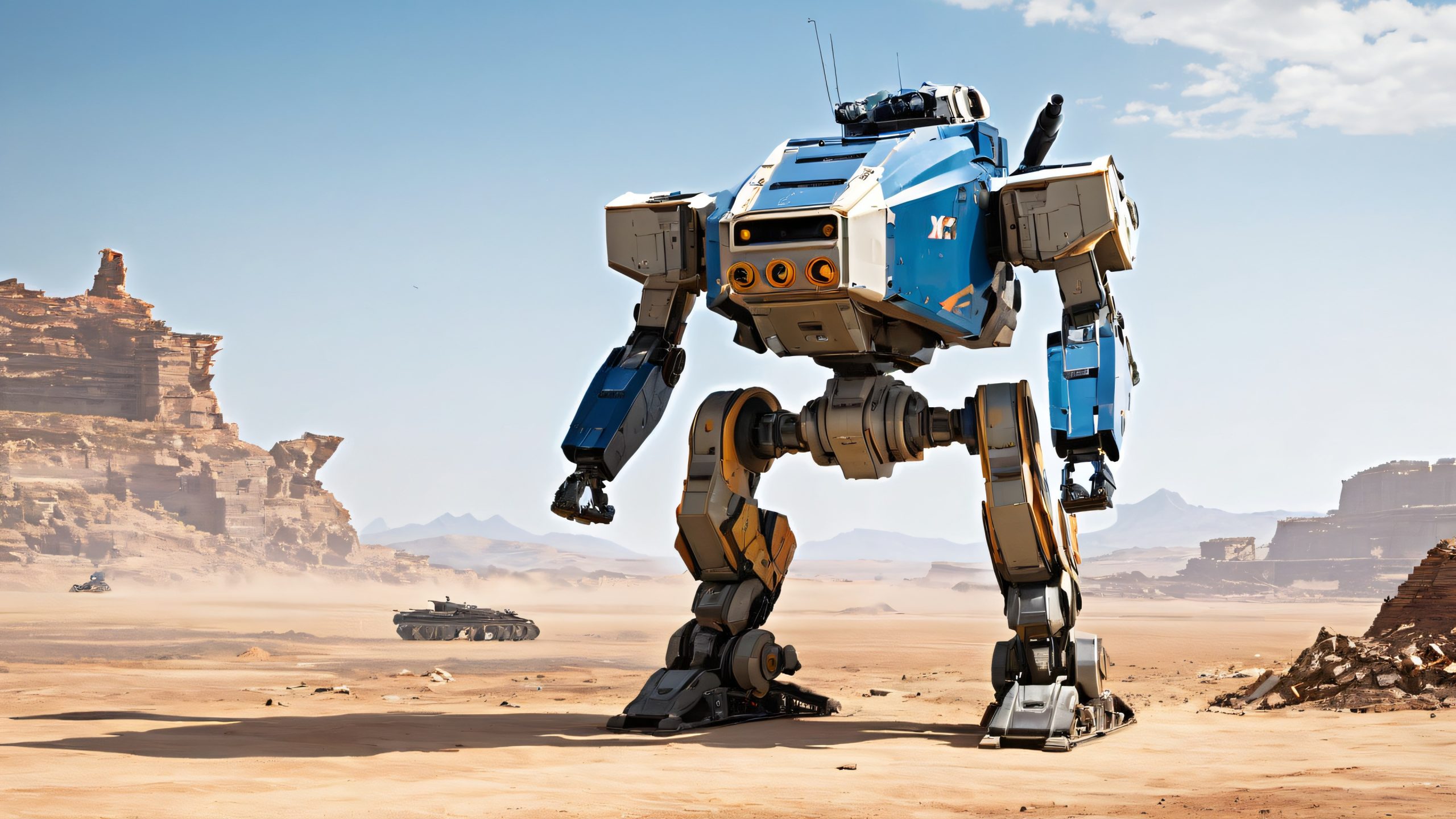 A heavily armored reconnaissance mech stands poised on a ruined landscape, ready to gather intelligence for its mission. Suitable for desktop/pc use.