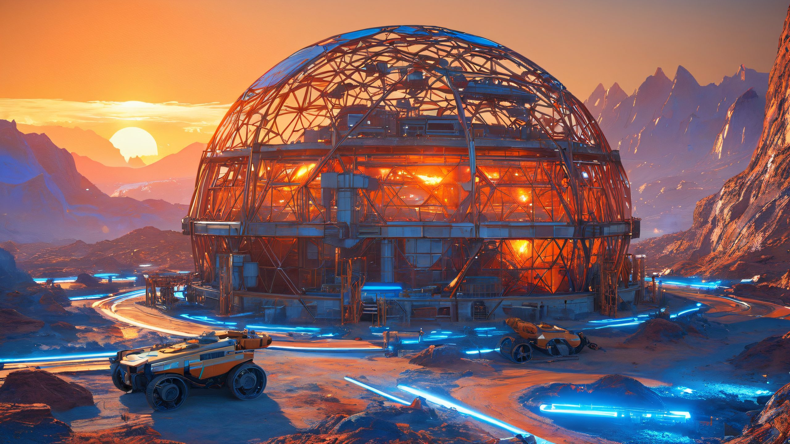 Industrial mechs construct a glowing energy dome amidst a post-apocalyptic wasteland with rust-red terrain, debris, and twisted metal, suitable for desktop/PC