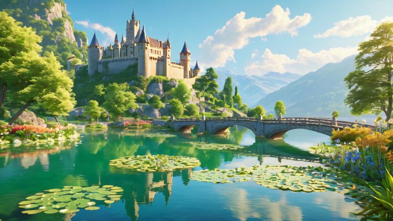 medieval castle lakeside wallpaper scaled