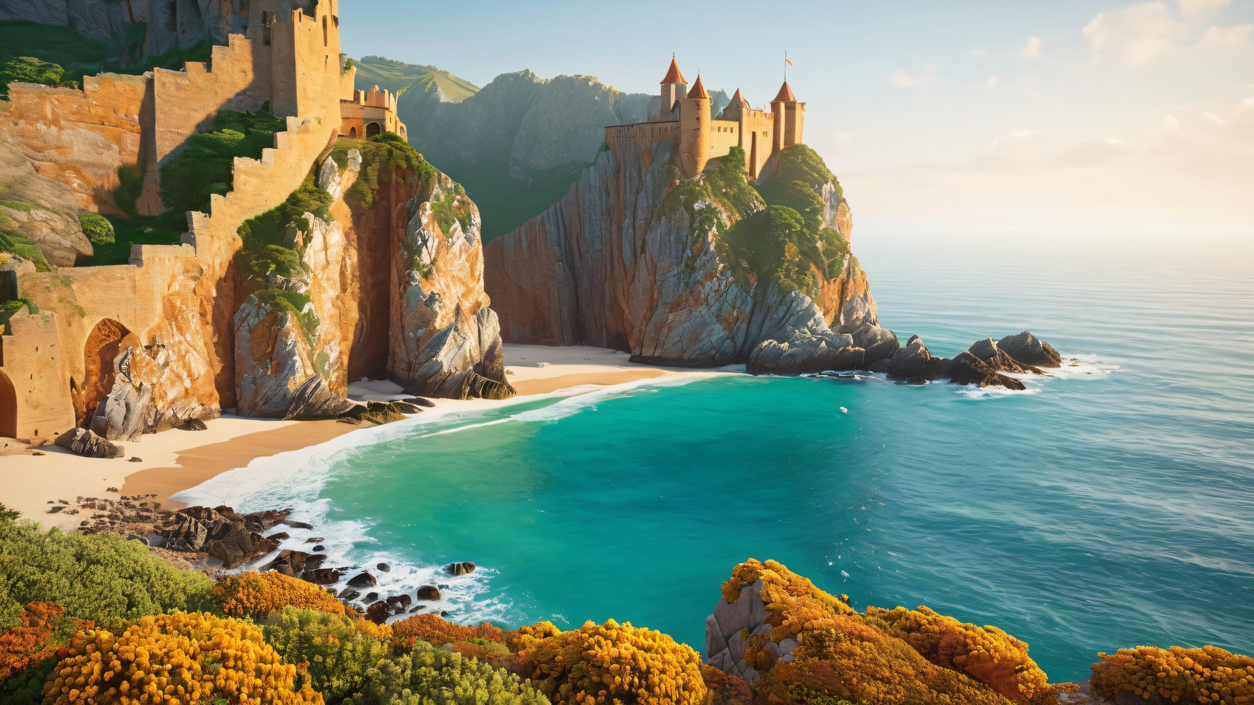 A majestic medieval tower on a rugged coastline, suitable for desktop/pc backgrounds.