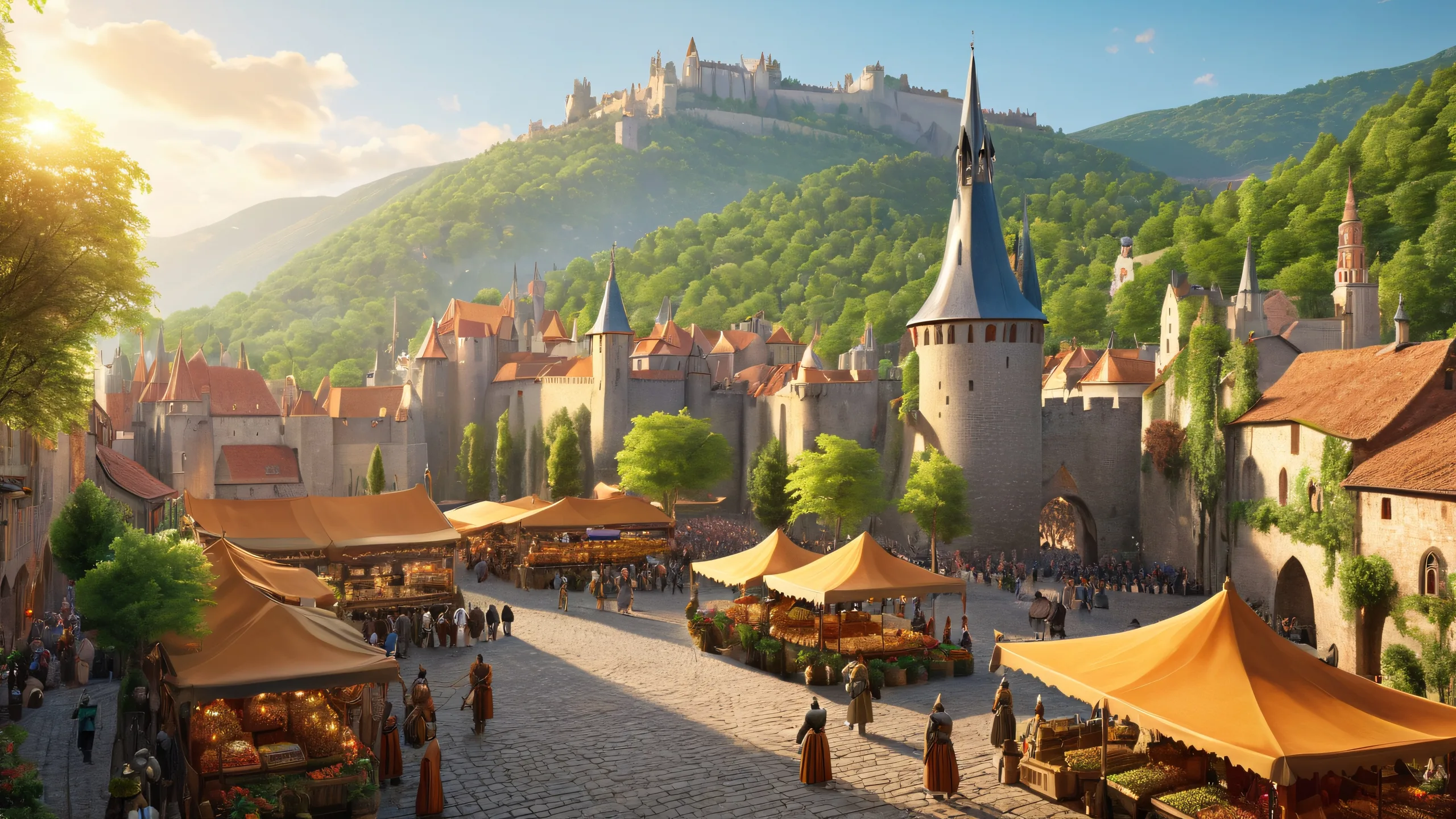 Epic Medieval Dawn Majesty 4K Desktop Wallpaper A sprawling medieval cityscape with knights, merchants, and tournaments on a desktop/pc background.
