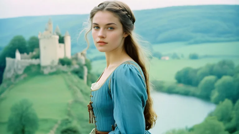 A serene medieval landscape with a single girl standing in front of a breathtaking sunset on a desktop or PC.