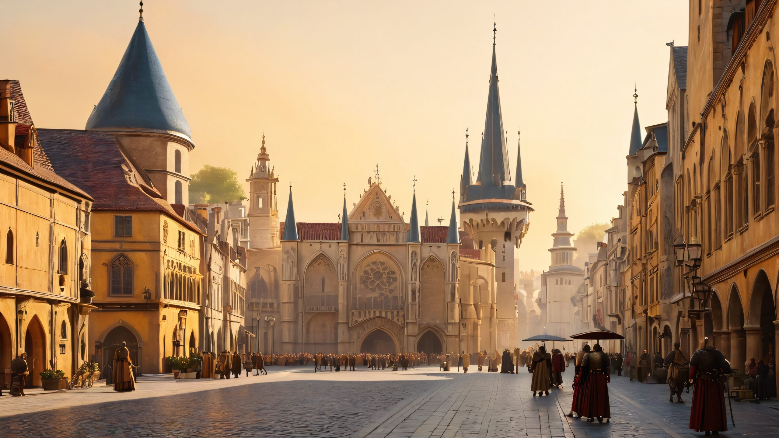 A medieval city with people in armor gathered around a central square for a dramatic trial by combat, suitable for desktop/PC