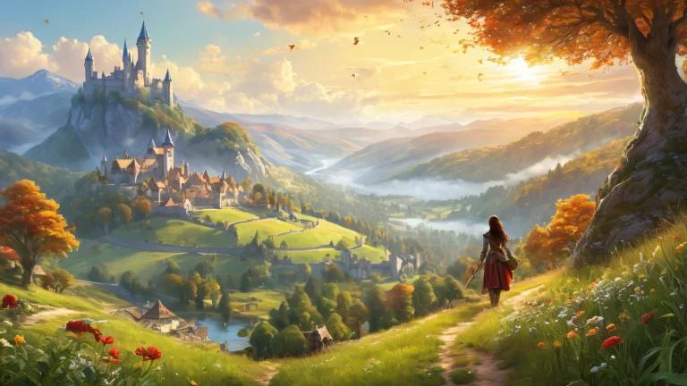 A 16:9 desktop wallpaper featuring a medieval fantasy scene with a 1girl protagonist set against rolling hills and dense forests, Perfekt für Ihren PC oder Desktop.