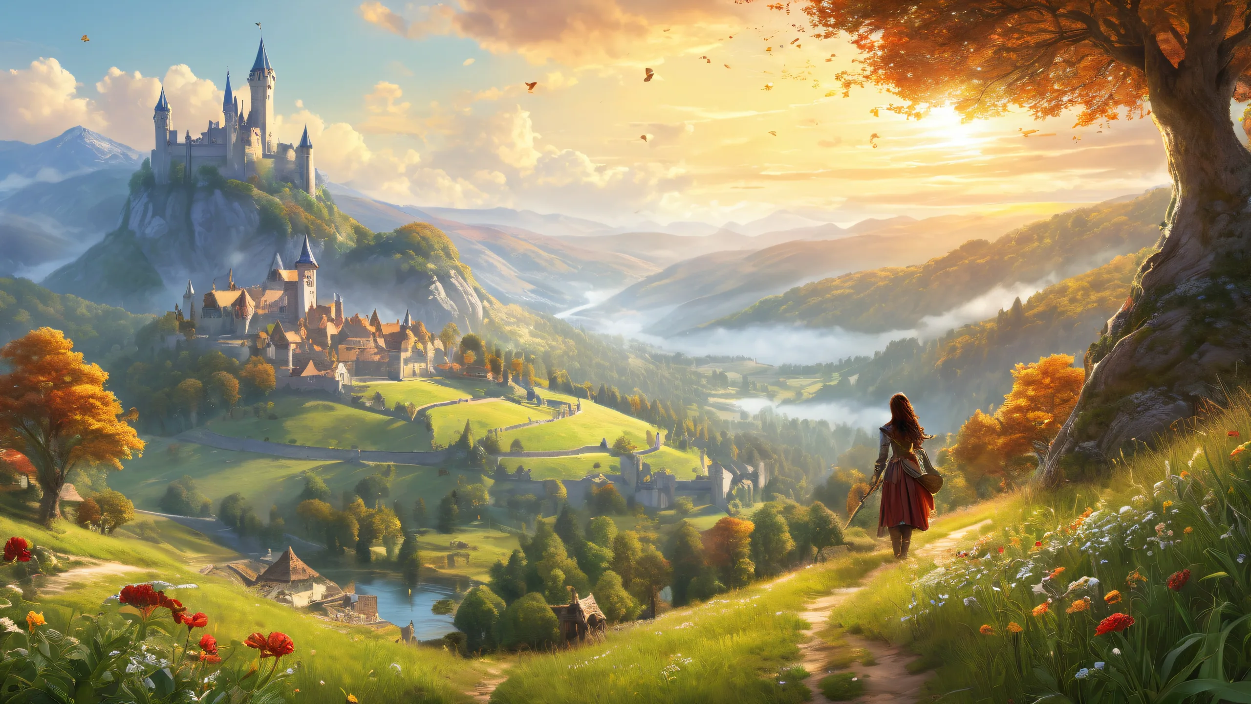 A 16:9 desktop wallpaper featuring a medieval fantasy scene with a 1girl protagonist set against rolling hills and dense forests, perfect for your PC or Desktop.