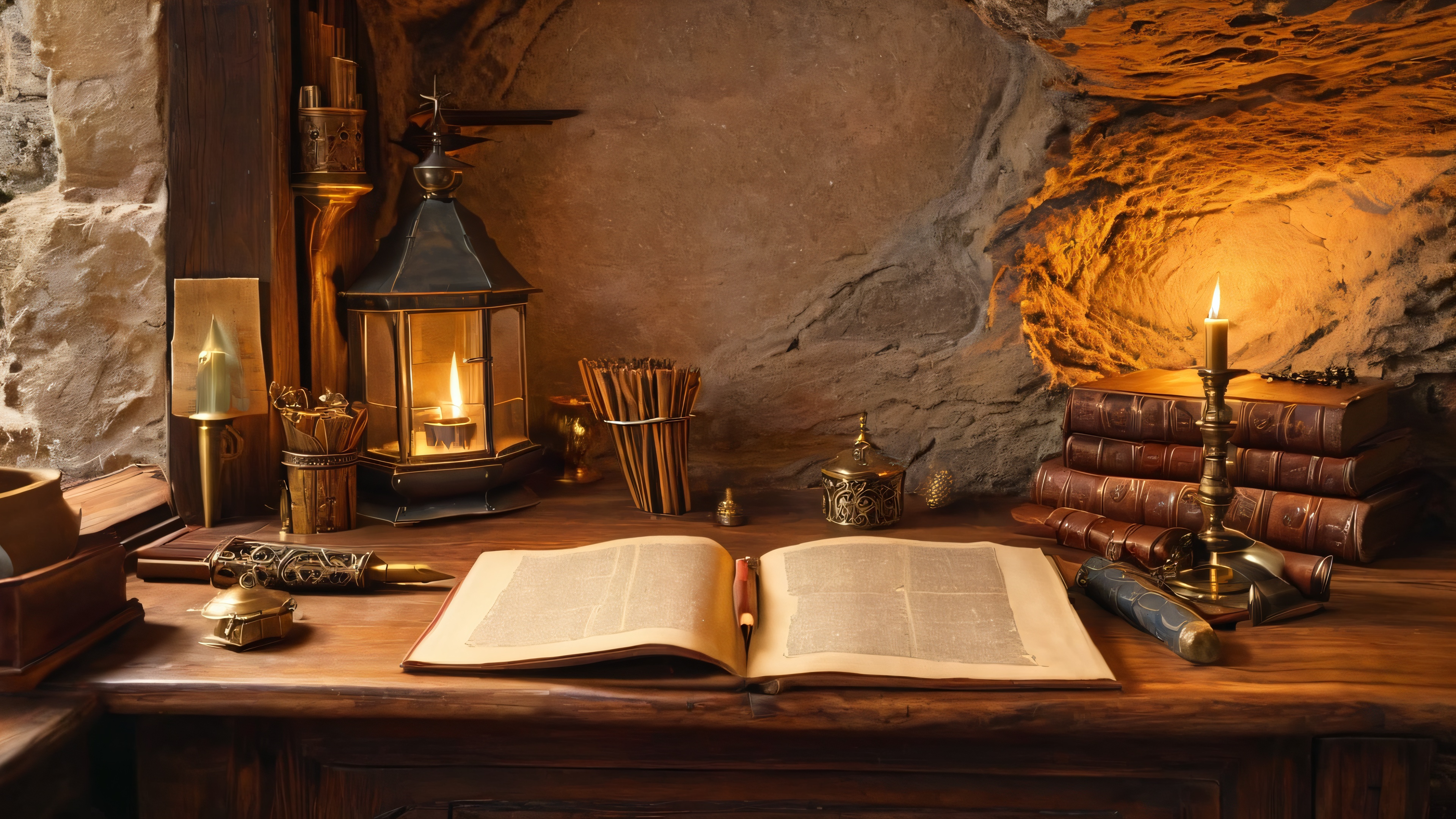 A medieval-style study with a dwarf recording ancient lore and mythical creatures amidst dusty tomes and scattered scrolls.