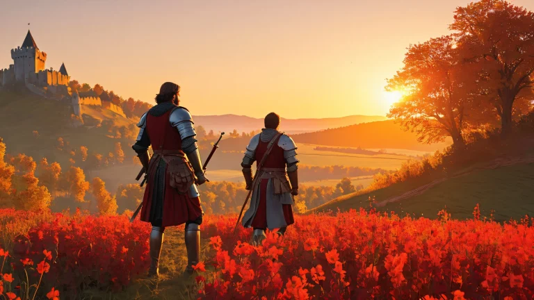 Two men engaged in combat on a medieval battlefield during the golden hour, with earth tones and crimson hues.