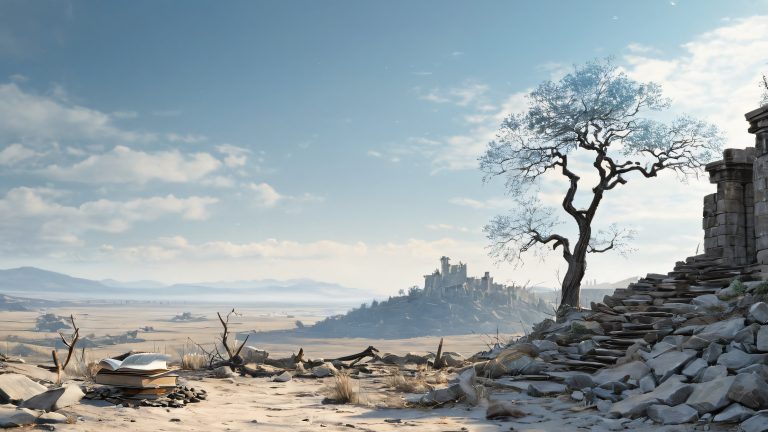 melancholic papyrus post apocalyptic ruins 4k wallpaper scaled