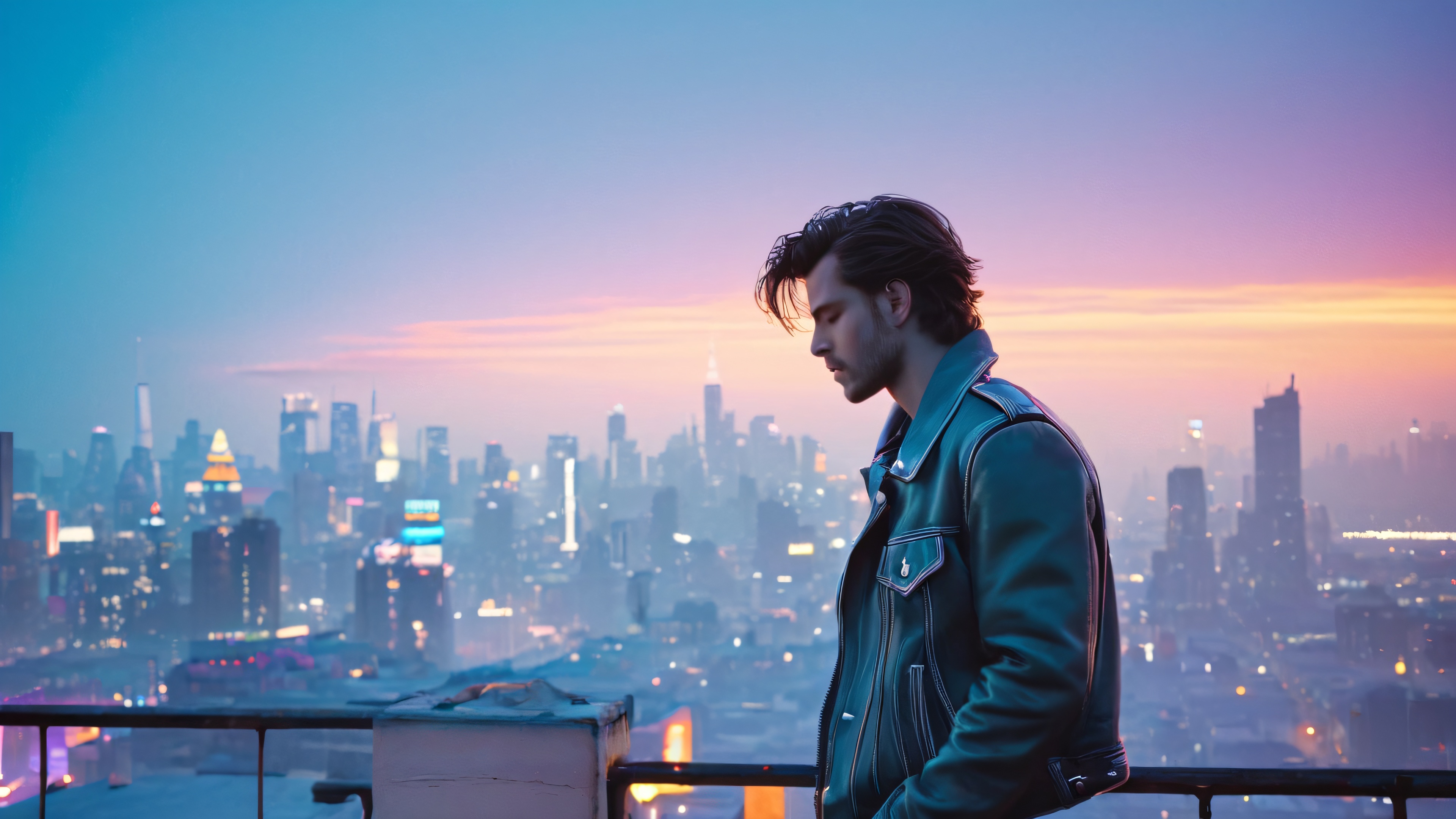A singer-songwriter stands alone on a dimly lit rooftop, surrounded by the cityscape at dusk, with a microphone in hand.