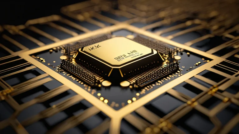 A metallic AI processor core with intricate circuitry details suspended in mid-air against a golden 3D grid and pure black background.